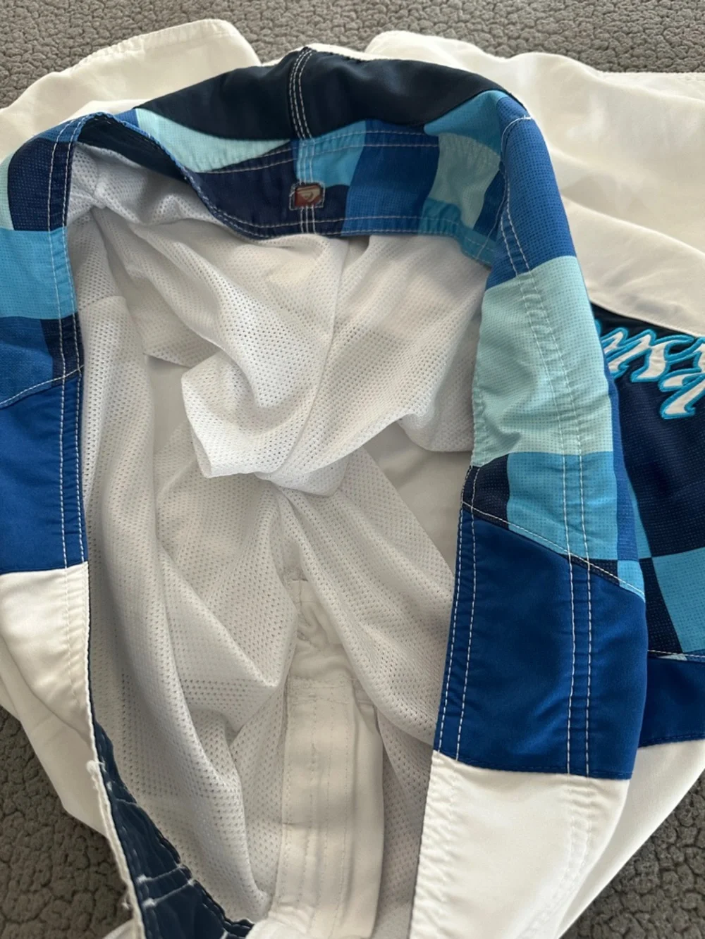 Quiksilver White and Blue Checkerboard Panel Board Shorts